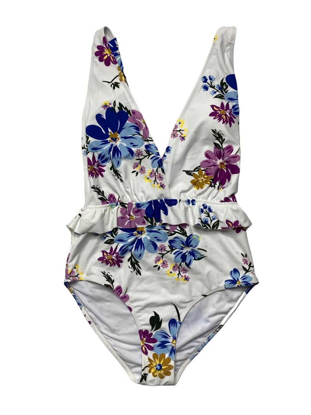 CUPSHE *NEW* White Floral One Piece Bathing Suit Size Small Plunging Ruffle